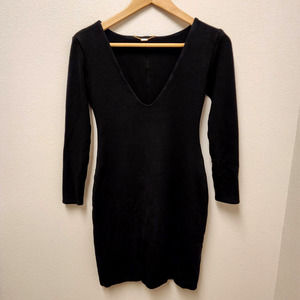 The Row Black V Neck Jersey Knit Dress Bodycon 3/4 Sleeve Soft Women's Size S